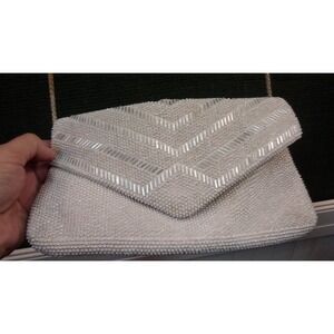 Vintage Beaded ivory beaded clutch evening bag with strap